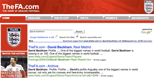 English FA search results page