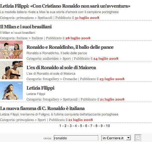 Corriere della Sera thumbnails featuring Ronaldo's women, not Ronaldo