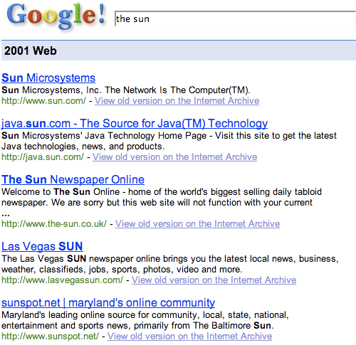 Google - The Sun in 2001