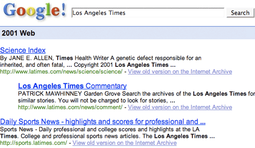 Google 2001 results for the LA Times