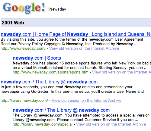 Google 2001 results for Newsday