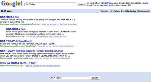 Google USA Today search yields 5 results in 2001