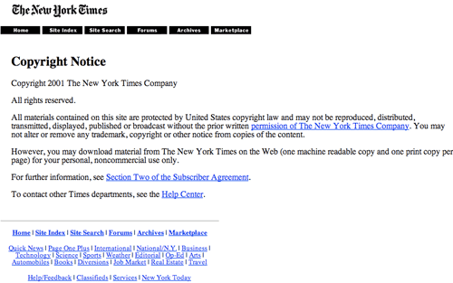 New York Times 2001 copyright notice