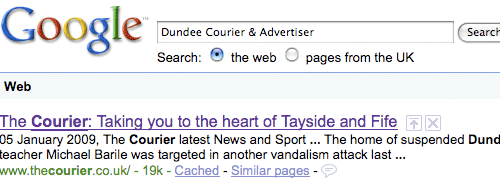 Search results for the Dundee Courier on Google