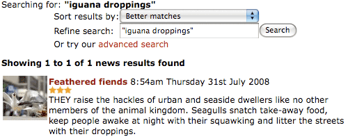 Evening Times 'iguana droppings' search results
