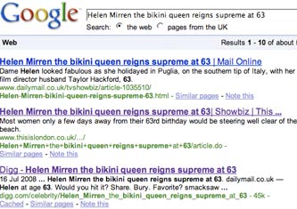 Helen Mirren bikini search results on Google