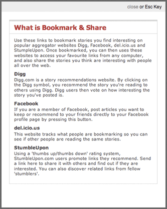Independent social bookmarking help pop-up