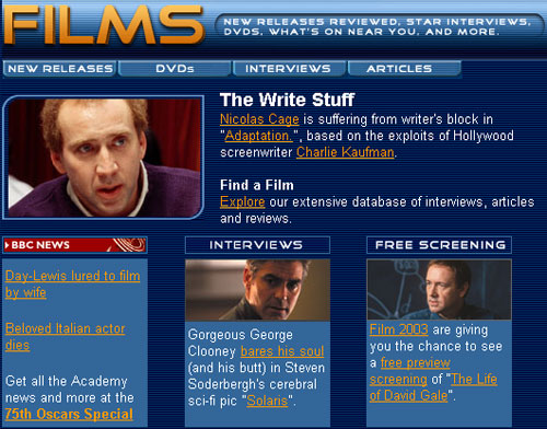 BBC Films homepage in February 2003