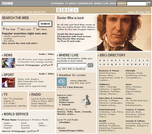 BBCi homepage in 2003 with a promo featuring Paul McGann in Shada