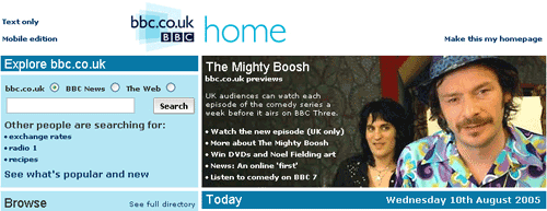 bbc.co.uk homepage with Mighty Boosh promo