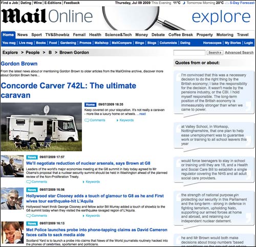 The Daily Mail's Gordon Brown page leads with a camper-van review
