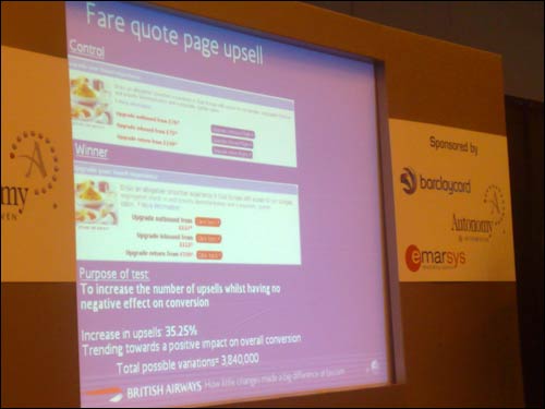 British Airways 'Fare quote upsell' page test results