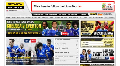 Setanta Sports homepage on FA Cup Final day