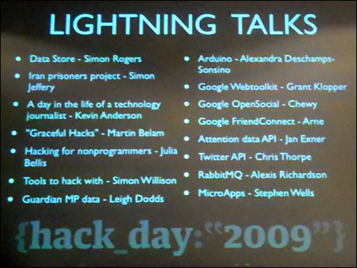 Guardian Hack Day lightning talks schedule