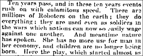1921 Observer article referring to 'Roboters'