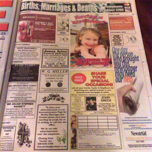 Births, deaths and marraiges page in the Muswell Hill Journall