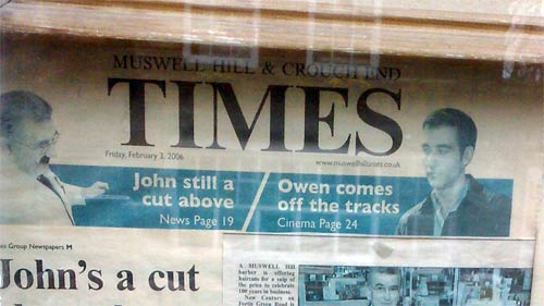 Muswell Hill Times in the barber's window