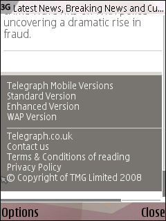 Mobile options in The Telegraph footer