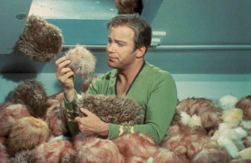 Kirk overwhelmed by Tribbles