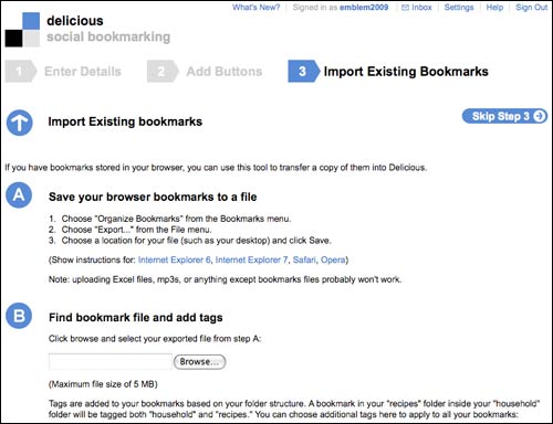 Delicious registration step 3 - import bookmarks