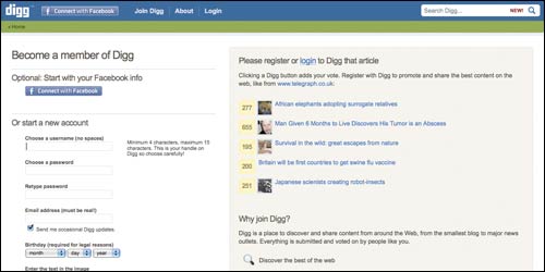 Digg sign-up page