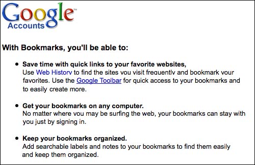 Google Bookmarks set-up splash screen