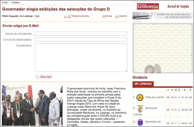 Jornal de Sportos email sharing interface