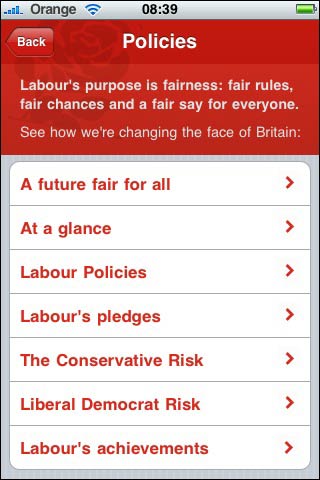 Labour iPhone app talks of the risk of voting for other parties