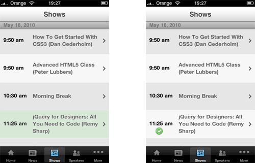 Mock-ups of how the FOWD iPhone app could signify the user is attending a session