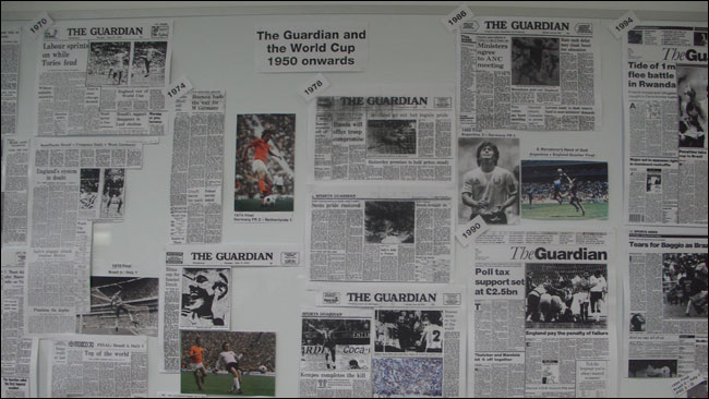 A close-up of the print outs from the Manchester Guardian and Guardian archives