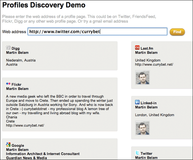 Ident Engine profile discovery demo using Martin Belam as an example