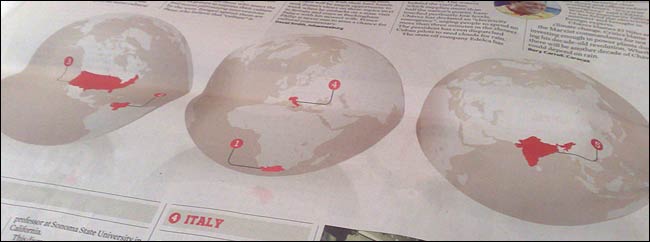 Globes indicate where the stories in the world review are sourced from