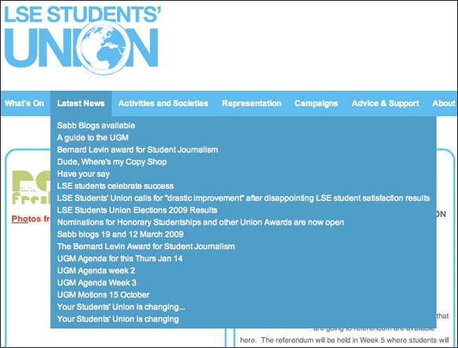 LSE Student Union site navigation