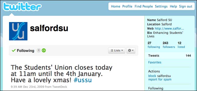 Salford Student Union out of date Twitter stream