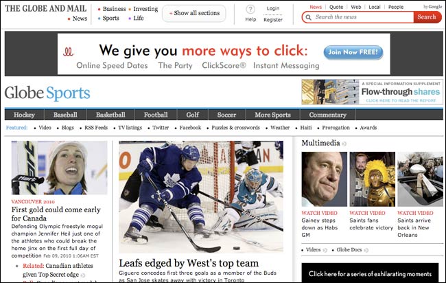 Canada's Globe Sports homepage