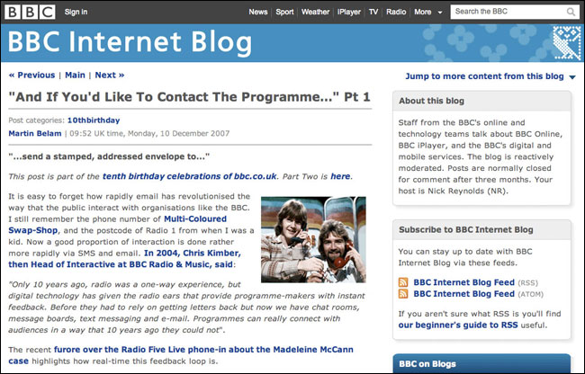 One of my articles on the BBC Internet Blog