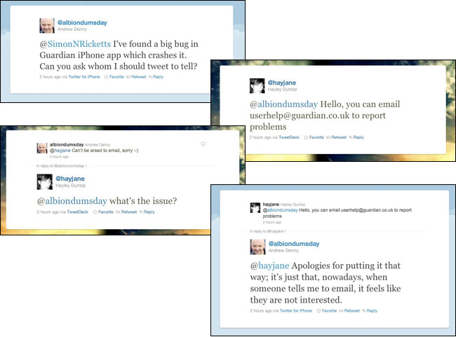 A Twitter exchange about the Guardian iPhone app