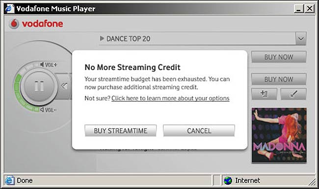 Credit expiry design on the Vodafone streaming music service