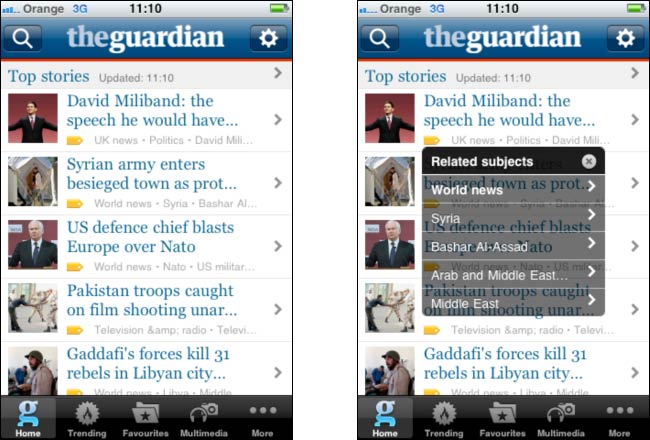 Related tag navigation on the Guardian iPhone app
