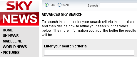 Sky News advanced search interface