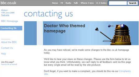 Appeal for email feedback about the Doctor Who themed BBC homepage