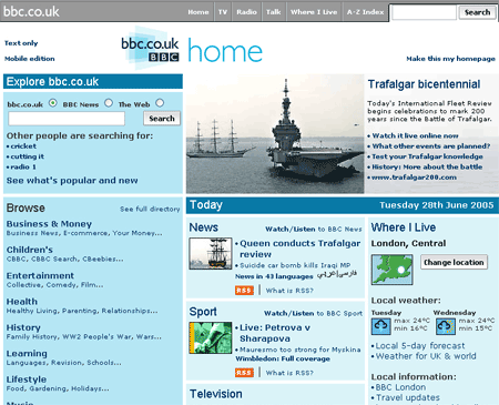 BBC homepage with toolbar in 2005