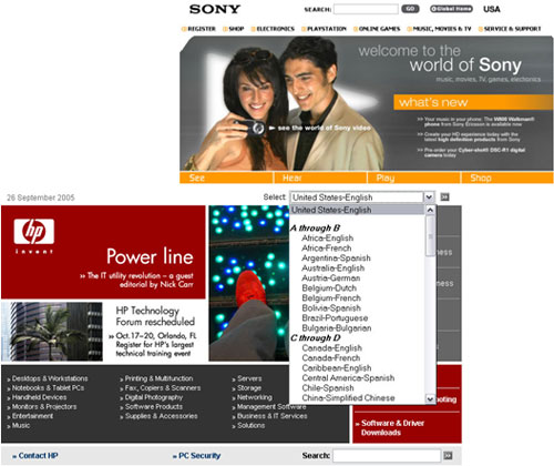 Internationalisation on the Hewlett Packard and Sony sites