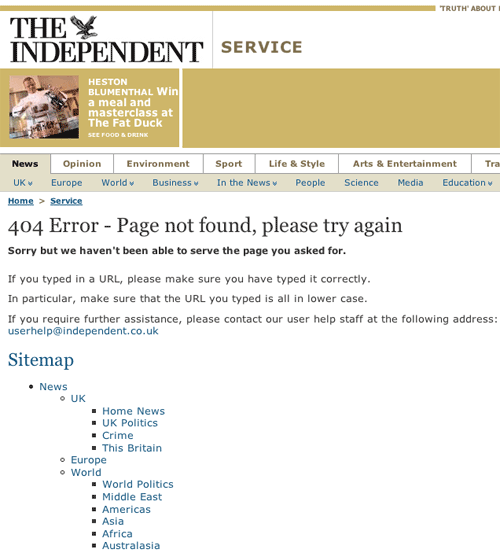 The Independent 404 page
