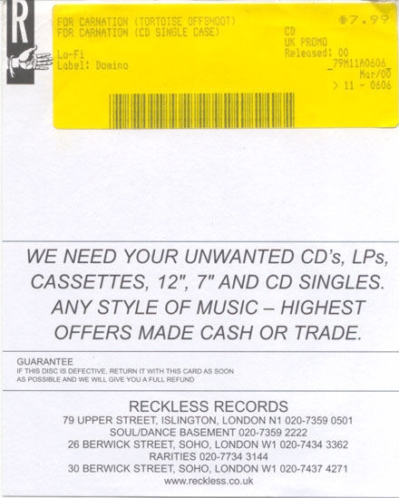 Reckless Records CD guarantee card from 2000