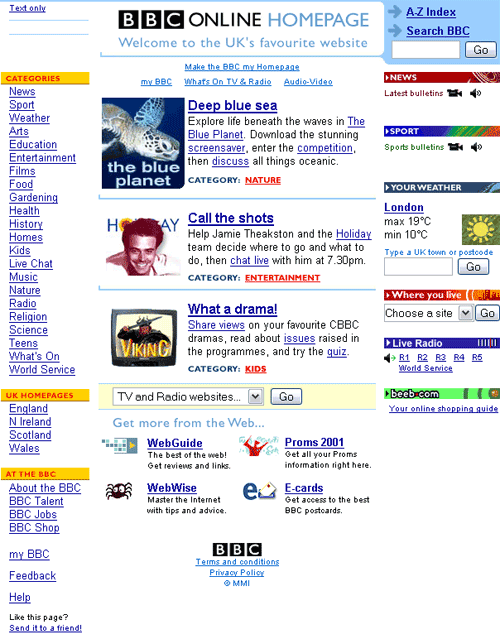 BBC Online homepage from 1999