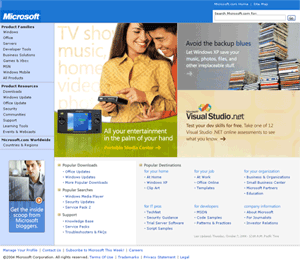Redesigned Microsoft corporate homepage in August 2004