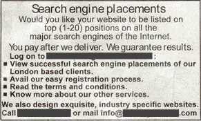 a scan of the search engine placement advert in the guardian today