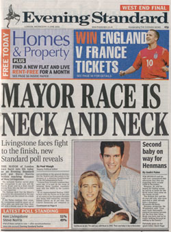 A picture of the Evening Standard front page from Wednesday 9th June 2004 proclaiming that the Mayor Race is Neck and Neck, based on a sample of 1,517 people