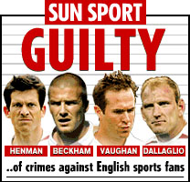 Back page of The Sun newspaper accusing Henman, Beckham, Vaughn and Dallaglio of crimes against English sports fans